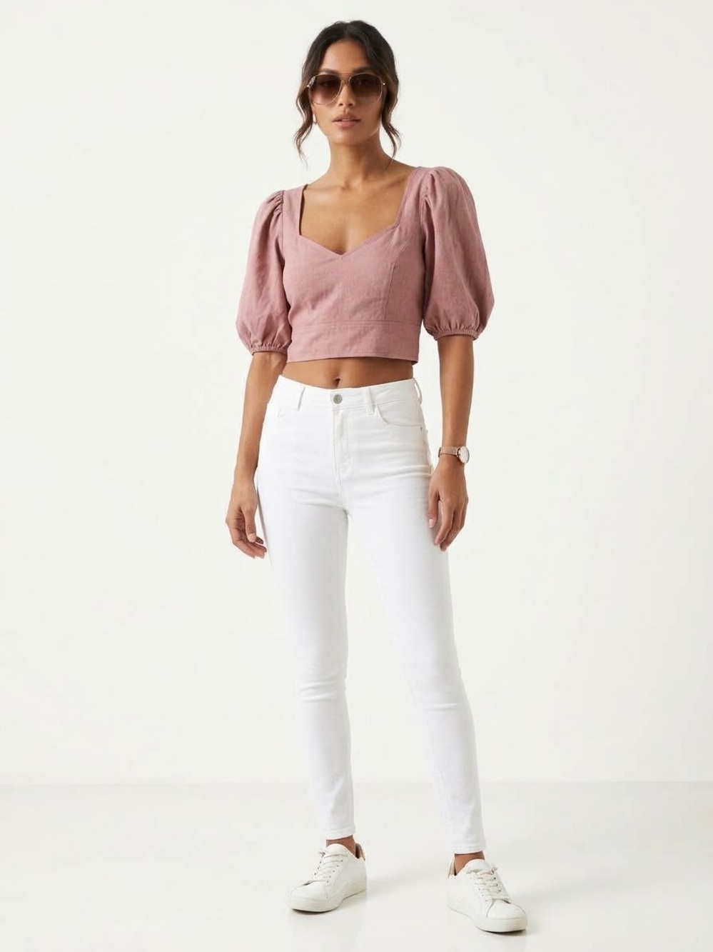 Express Dusty Rose Puff Sleeve Cropped Top